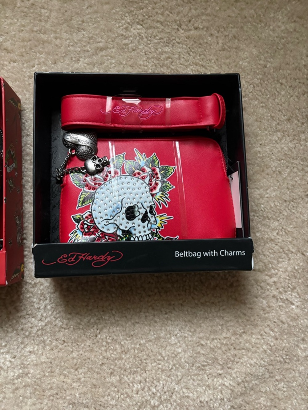 Ed Hardy Red Skull Graphic Belt Bag with Silver Charms